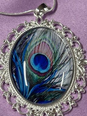 Peacock Feather 2”x 1.5 Pendant Necklace - Silver-Tone with Blue & Green Accent